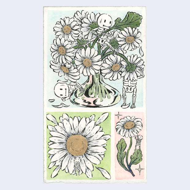 Triptych style painting of flowers, with one section featuring white flowers in a glass vase with little skeletons playing with them. The lower 2 sections are of the same white flower, from different angles.