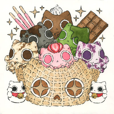 Ink and watercolor illustration of a waffle cone bowl with 6 scoops of different ice cream flavors, all fashioned to look like cat heads with large eyes. Sticking out the top are 3 sticks of strawberry pocky and a large chocolate bar. 2 small white manekis sit next to the bowl, which also has a cat face.