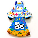 Flat, clay colorful sculpture of a UFO abducting a smiling cow from a colorful desert landscape at night. In the space craft are small, cute aliens.