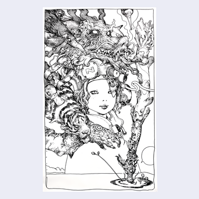 Line art illustration of a person wearing a futuristic helmet with many animals surrounding it, such as birds, dragons and a tiger. One dragon dips its head into a small puddle.