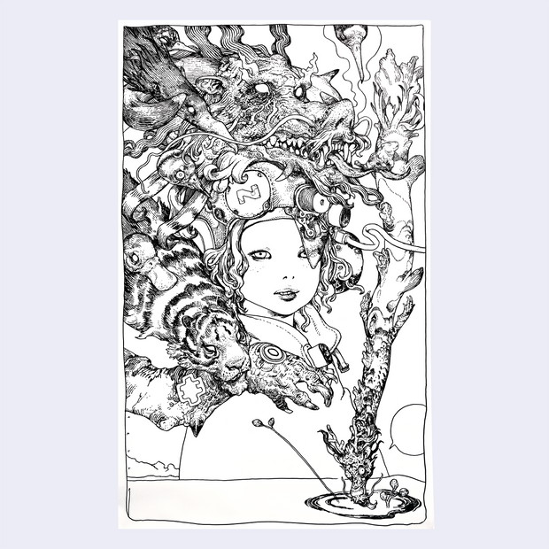Line art illustration of a person wearing a futuristic helmet with many animals surrounding it, such as birds, dragons and a tiger. One dragon dips its head into a small puddle.