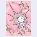 Cartoon skeleton character jumping into the air and punching a heart on a pink background with starburst effect