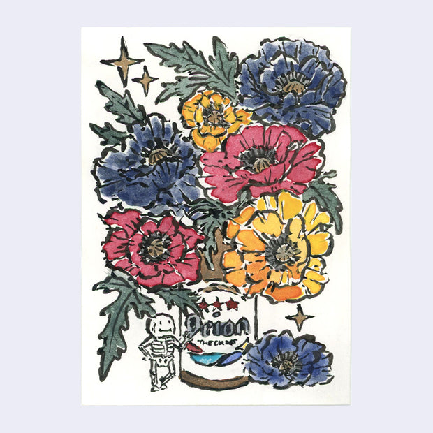 Ink and watercolor illustration of a blooming bouquet coming out of a bottle of Orion beer. A small skeleton stands near the bottle, resting an arm on it.