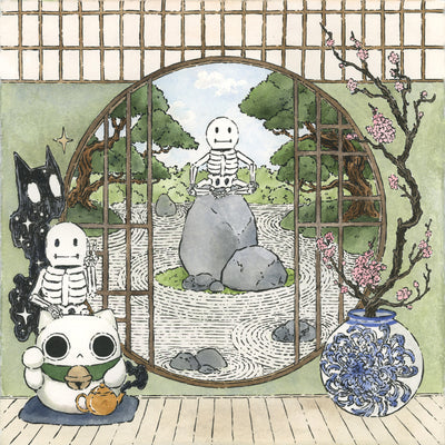 Ink and watercolor illustration, looking out of an open circle shaped window in a room with bamboo floors, and shoji lined walls. In the background is a skeleton sitting atop of a tall rock in a zen garden, with raked sand. In the foreground is white maneki and a white and blue vase.