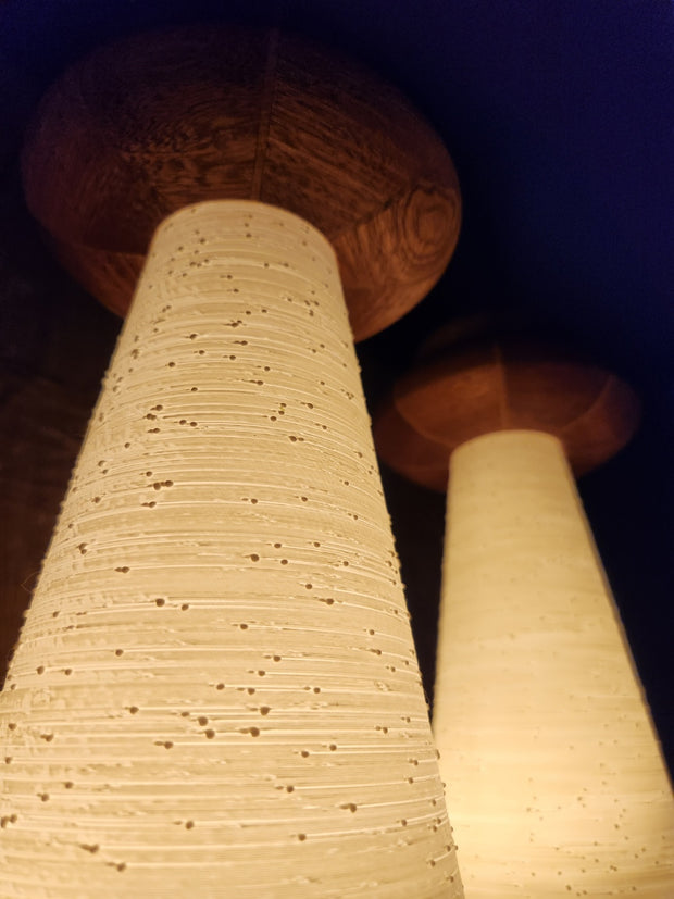 2 wooden lamps, both with UFO shaped tops and conical shaped beams, where light shines through. Shown dramatically from below.