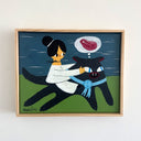 A folk art style painting of a girl in a white matching outfit, riding a large black cat who has a #1 blue ribbon around its neck. The cat has a thought bubble overhead with a piece of meat. 