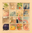 Illustration of a grid with 16 boxes, fashioned to hold different characters, scenes or rooms. Subject matter includes plants, cartoon animals, fruit, and spirit like creatures.