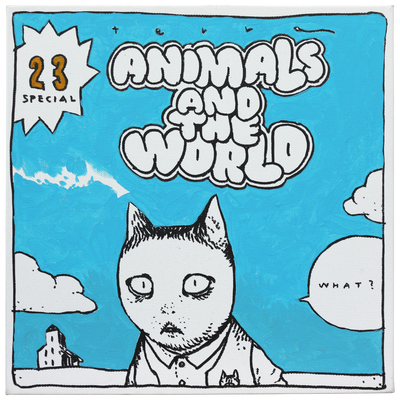 Painting on bright blue background of a cat with a surprised expression on its face. Text above it reads "Terra Animals and the World 23 Special"