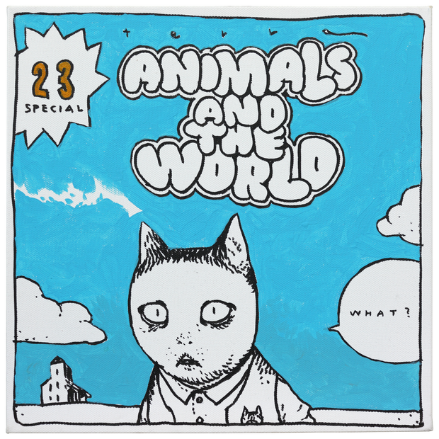 Painting on bright blue background of a cat with a surprised expression on its face. Text above it reads "Terra Animals and the World 23 Special"