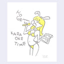 Cartoon character with bunny ears and yellow hair singing into a microphone with 'Ho Ge / Kara Oke Time' text.