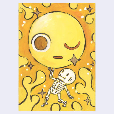 Ink and watercolor illustration of cartoon skeleton holding up a large sun with winking face.