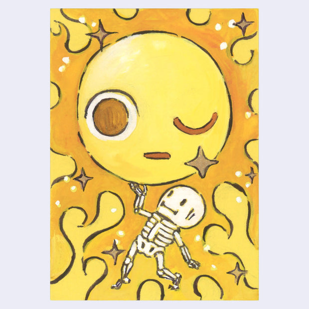 Ink and watercolor illustration of cartoon skeleton holding up a large sun with winking face.