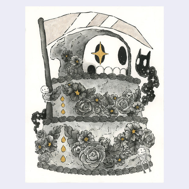 Ink and watercolor illustration of a 2 layered frosted grey cake, with floral frosting decorations and gold accents. Coming out the side is a large scythe and atop the cake is a large skeleton head, wearing a grey hood. One of its eyes has a gold sparkle in it and a cloud of black smoke weaves around the cake.