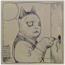 Painting on brown toned panel of a cat with a surprised expression, wearing a button up shirt and vest. It puts its finger in a hole in the wall that has a rat's tail coming out of it.