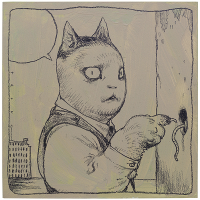 Painting on brown toned panel of a cat with a surprised expression, wearing a button up shirt and vest. It puts its finger in a hole in the wall that has a rat's tail coming out of it.