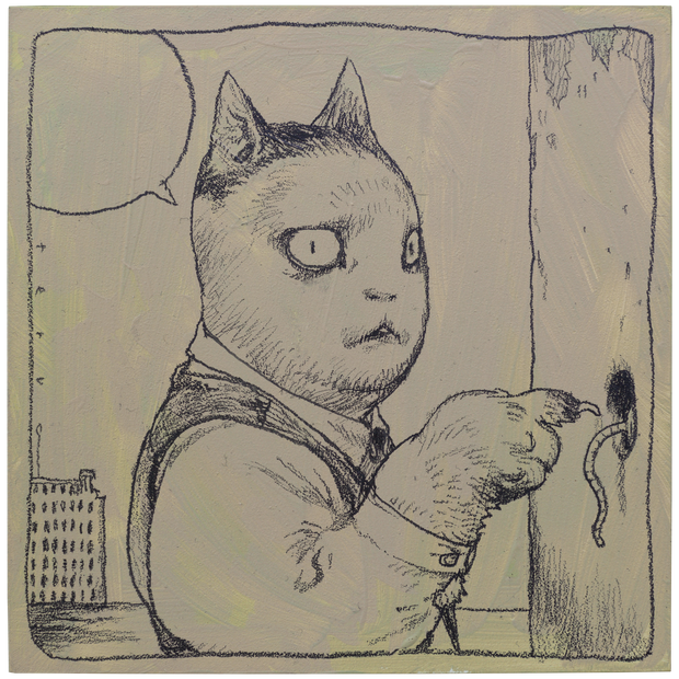 Painting on brown toned panel of a cat with a surprised expression, wearing a button up shirt and vest. It puts its finger in a hole in the wall that has a rat's tail coming out of it.