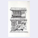 Ink sketch of a Japanese style house with a moped parked in front of the entrance way.
