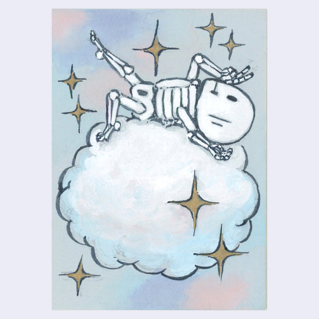 Ink and watercolor illustration of a skeleton resting on a cloud, in a dramatic pose.