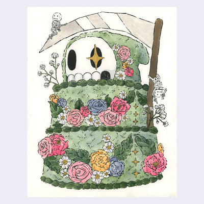 Ink and watercolor illustration of a green frosted 2 layer cake with frosted floral decorations. A large scythe comes out of the cake and on the top layer is a skeleton head with a green hood. One of its eyes has a gold sparkle. 2 small skeletons interact with the scene.