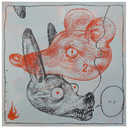 Painting of a Chihuahua like dog head, with red beady eyes and a speech bubble that says "no." Stacked atop its head in the opposite direction os a red mouse head.