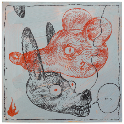 Painting of a Chihuahua like dog head, with red beady eyes and a speech bubble that says "no." Stacked atop its head in the opposite direction os a red mouse head.