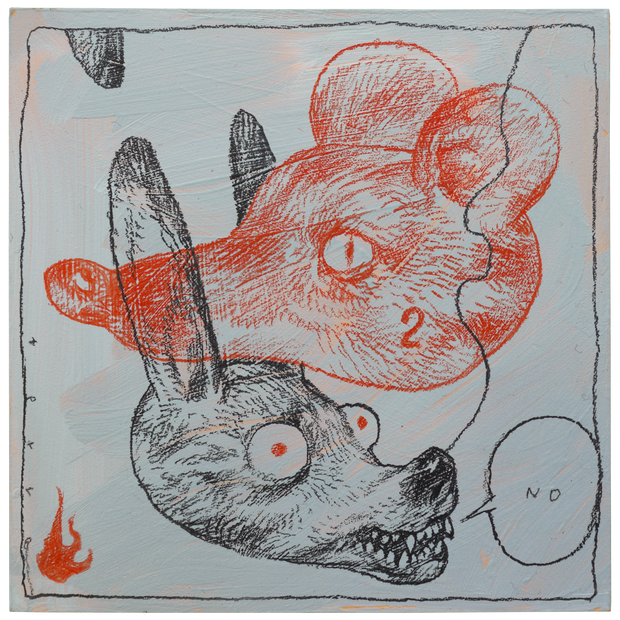 Painting of a Chihuahua like dog head, with red beady eyes and a speech bubble that says "no." Stacked atop its head in the opposite direction os a red mouse head.