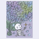 Cartoon skeleton sitting among flowers with a star, on a light purple background