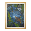 Painting of a large blue sunfish on dark blue background with various ocean themed drawings around it like a collage. Elements include: fish, bubbles, kelp and sea greenery. Piece is in a thin wooden frame.