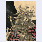 Ink illustration on wood panel of a figure wearing a floral cloak and a plague mask, with flowing hair behind. All around are sharp beaked birds and other creatures with plague masks. A large moon looms in the background.