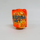 Clay sculpture of an upturned bag of chips - fluorescent orange with text that reads "I am president"