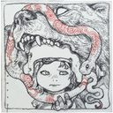 Graphite illustration of an androgynous child with a helmet looking skeptically at a snake who bites its own tail. Atop the head of the child is a large open mouth bear.