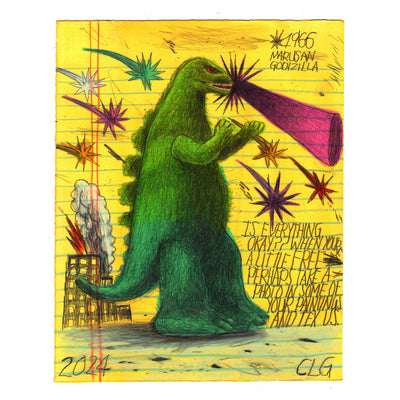 Drawing on yellow paper of a large green Godzilla, shooting a pink ray out of his mouth with a burning city in the background.