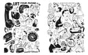 Open 2 page zine booklet spread of scanned and illustrated black and white imagery of various retro style people on the phone.