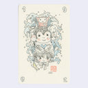 Illustration of a girl, smiling with a cute cartoon monkey sitting atop her head and water elements around them both.
