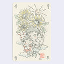 Watercolor illustration of 2 characters, surrounded by sunflowers and a sun.