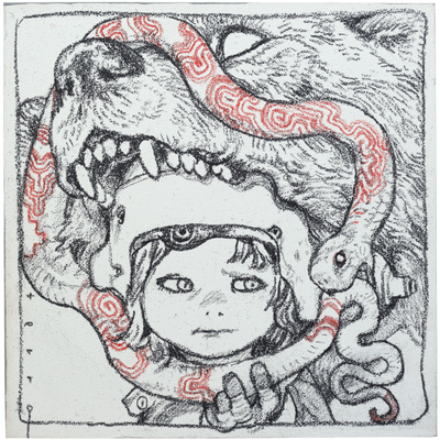 Graphite illustration of an androgynous child with a helmet looking skeptically at a snake who bites its own tail. Atop the head of the child is a large open mouth bear.