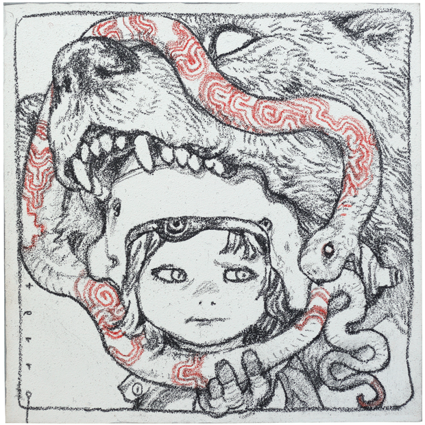 Graphite illustration of an androgynous child with a helmet looking skeptically at a snake who bites its own tail. Atop the head of the child is a large open mouth bear.