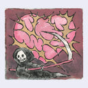 Illustration of a skeleton holding a scythe in front of pink hearts with gold thorns on a red background