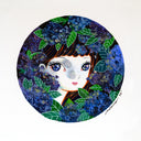 Painting of a cartoon girl with colorful, bright eyes looking out from a blue hydrangea bush.
