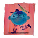 Illustration of a blue character with only legs and a head, with a banana atop its head.