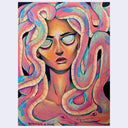 A colorful artwork depicting a woman's face with snakes wrapped through her hair and around her shoulders, rendered in pink, blue, peach, and cream tones on a light gray background. She has a serious, slightly angered expression.