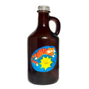 Painting of a tiger jumping over a yellow cartoon sun on the side of a brown glass bottle.