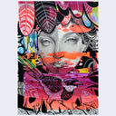 Collage style illustration of a woman's face, rendered in graphite with colorful feathers, birds and nature motifs around her.