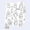Sheet of black line art illustrations featuring various cartoon characters on a light purple background.