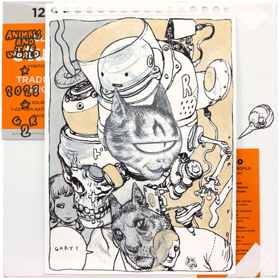 Collage style illustration on perforated notebook paper of a one eyed cat, a robotic helmet, a skull and people, looking off to the side. A cat in a collared shirt says "Gary?" Piece is on a blank canvas with product packaging still on it.