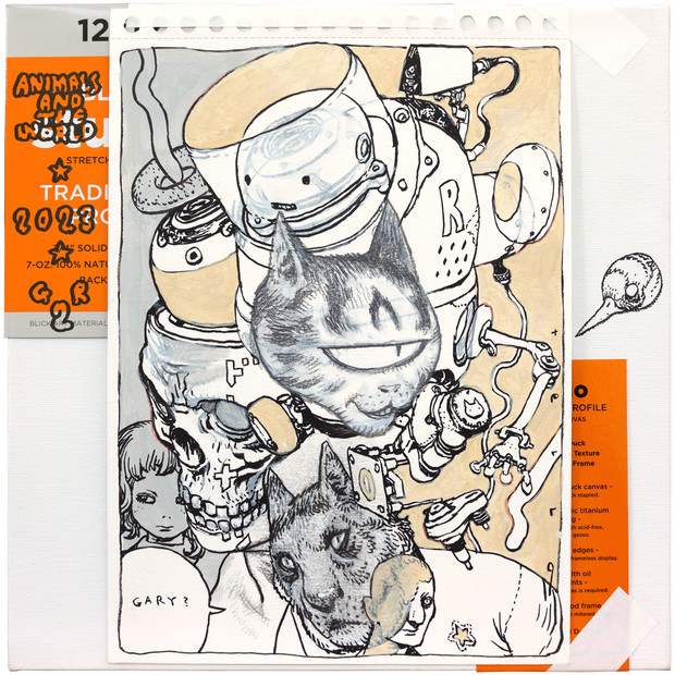 Collage style illustration on perforated notebook paper of a one eyed cat, a robotic helmet, a skull and people, looking off to the side. A cat in a collared shirt says "Gary?" Piece is on a blank canvas with product packaging still on it.