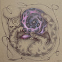 A surreal hand-drawn illustration on textured tan paper showing a gray cat curled around a large spiral snake in purple, blue, and pink tones..