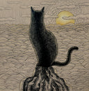 A stylized illustration of a black cat sitting on a rock, facing a yellow sun over a sea of clouds or waves, rendered in black linework on a warm beige background.