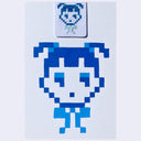 Illustration of a pixel art girl with short pigtails and a bow. Overhead is a tiny cross stitch version of the same image.