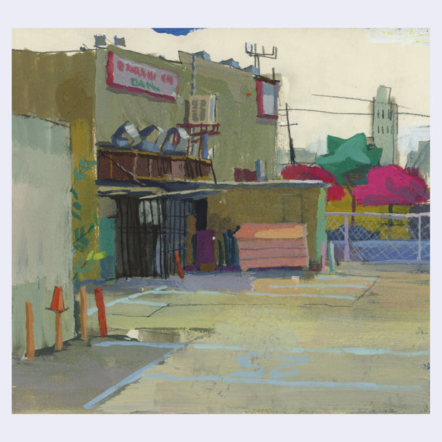 Plein air painting of a parking lot behind a business with gates and a dumpster.